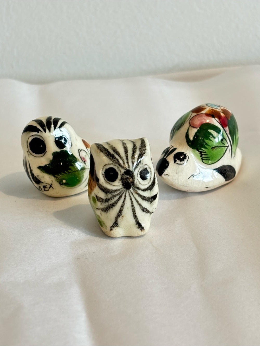 Vintage Tonala Mexican pottery 3 piece SET Hand-Painted Ceramic Owl snail bird?